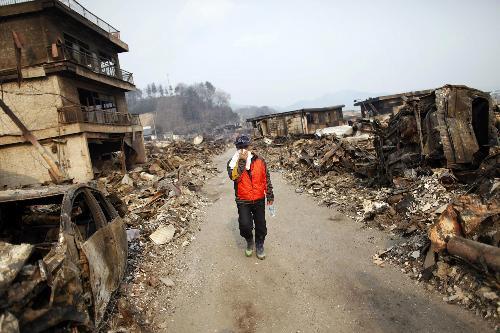 位于日本东北部沿海的岩手县大槌町在海啸中几乎被夷为平地，一名幸存者看着已成废墟的家园忍不住掩面痛哭。（图片来源：英国媒体） 